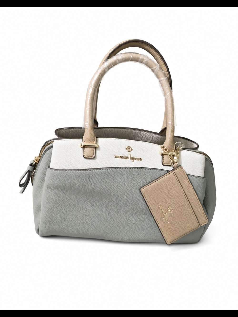 Samantha Thavasa Tri-Tone Leather Satchel in Sage, White & Tan NEW